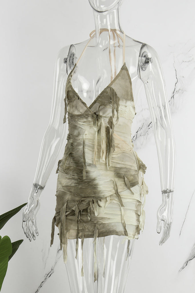 woloong - Apricot Street Tie Dye Tassel Patchwork Backless One Step Skirt Dresses