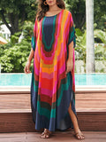 woloong Sun Protection Printed Contrast Color Short Sleeves Loose Round-Neck Maxi Dresses