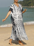 woloong Sun Protection Split-Side Printed Short Sleeves Loose V-Neck Maxi Dresses