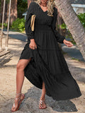 woloong Split-Joint Solid Color Elasticity Puff Sleeves Loose V-Neck Maxi Dresses