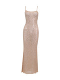 woloong Split-Joint Sequined See-Through Sleeveless Skinny Spaghetti-Neck Maxi Dresses