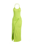 woloong Split-Side Split-Joint Solid Color Pleated Backless Sleeveless Skinny Halter-Neck Maxi Dresses