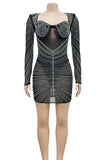 woloong - Black Sexy Elegant Solid Patchwork Backless Mesh Hot Drill Asymmetrical Collar One Step Skirt Dresses