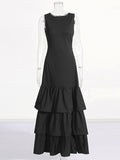 woloong Zipper Split-Joint Solid Color Pleated Layered Sleeveless Mermaid Round-Neck Maxi Dresses