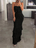 woloong Split-Joint Pleated Elasticity Sleeveless Bodycon Tube Maxi Dresses
