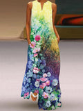woloong Flower Print Sleeveless Loose Round-Neck Maxi Dresses