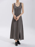 woloong Split-Joint Solid Color Sleeveless Loose Round-Neck Maxi Dresses