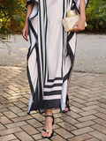 woloong Striped Split-side Printed Loose Batwing Sleeves Boat Neck Maxi Dresses