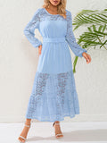 woloong Split-Joint Solid Color Mesh Elasticity Belted Puff Sleeves Loose Round-Neck Maxi Dresses