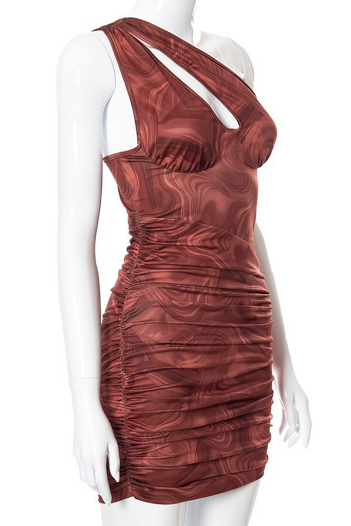 woloong - Red Sexy Print Hollowed Out Patchwork Backless Fold Oblique Collar One Step Skirt Dresses