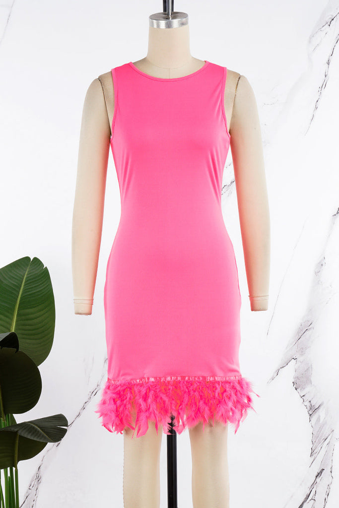 woloong - Black Daily Party Elegant Simplicity Patchwork Feathers Solid Color O Neck Sleeveless Dress Dresses