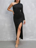 woloong Split-Side Solid Color Asymmetric Long Sleeves High Waisted One-Shoulder Maxi Dresses