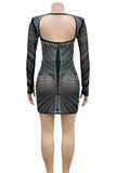 woloong - Black Sexy Elegant Solid Patchwork Backless Mesh Hot Drill Asymmetrical Collar One Step Skirt Dresses