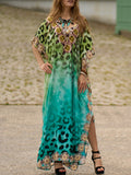 woloong Split-side Printed Leopard Short Sleeves Loose V-neck Maxi Dresses Beach Cover-Up