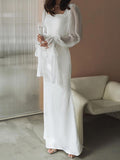 woloong Split-Joint Solid Color See-Through Pleated Gauze Skinny Flared Sleeves Square-neck Maxi Dresses