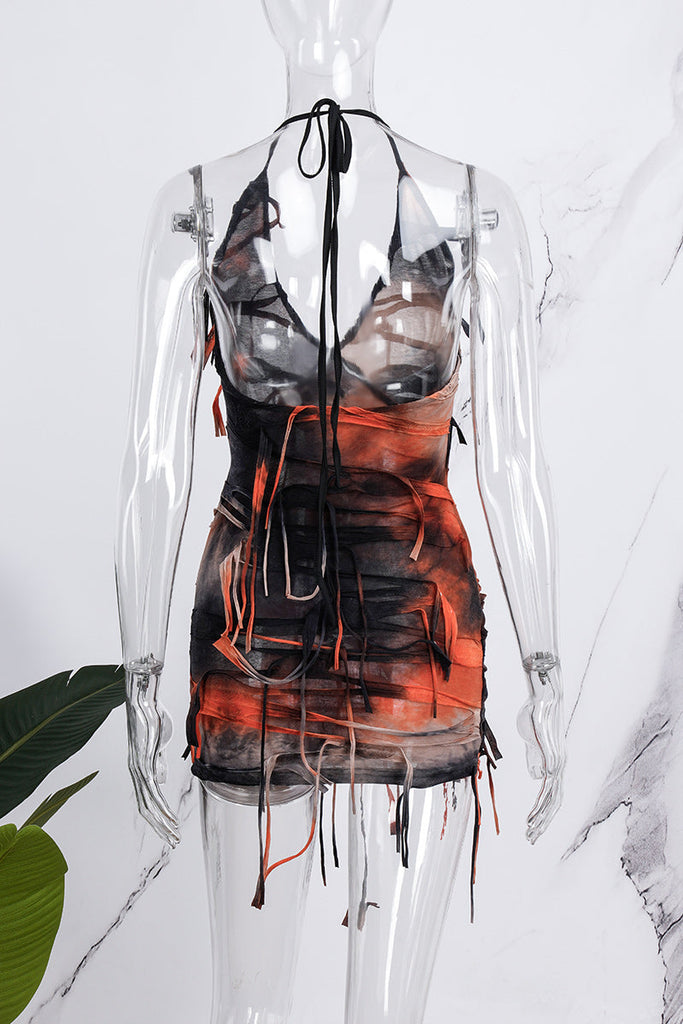 woloong - Apricot Street Tie Dye Tassel Patchwork Backless One Step Skirt Dresses
