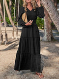 woloong Split-Joint Solid Color Elasticity Puff Sleeves Loose V-Neck Maxi Dresses