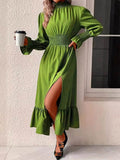 woloong Split-Front Solid Color Elasticity Loose Long Sleeves Mock Neck Midi Dresses