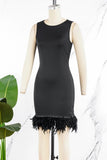 woloong - Black Daily Party Elegant Simplicity Patchwork Feathers Solid Color O Neck Sleeveless Dress Dresses
