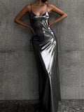 woloong Solid Color Shiny Sleeveless High Waisted Spaghetti-Neck Maxi Dresses