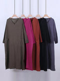 woloong Split-Side Solid Color Pockets Loose Long Sleeves V-Neck Maxi Dresses