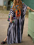 woloong Striped Split-side Printed Short Sleeves Loose V-neck Maxi Dresses Beach Cover-Up