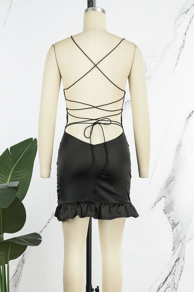 woloong - Black Sexy Solid Backless Cross Straps Spaghetti Strap Sleeveless Dress Dresses