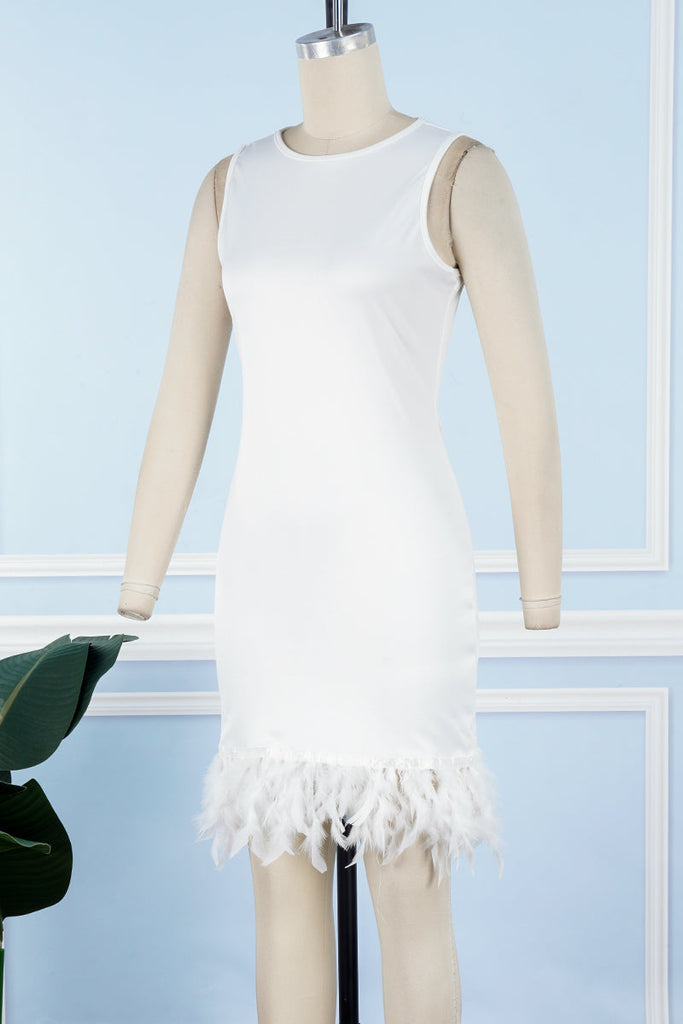 woloong - Black Daily Party Elegant Simplicity Patchwork Feathers Solid Color O Neck Sleeveless Dress Dresses