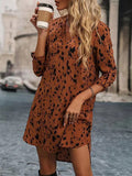 woloong Leopard Loose Long Sleeves V-Neck Mini Dresses