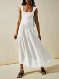 woloong Split-Joint Solid Color Pleated Lace-Up Elasticity Backless Sleeveless Loose Square-Neck Maxi Dresses