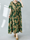woloong Pockets Pleated Flower Print Loose Half Sleeves Round-neck Midi Dresses
