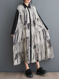 woloong Wash Painting Split-Joint Printed Buttoned Loose Long Sleeves Lapel Shirt Dress Midi Dresses