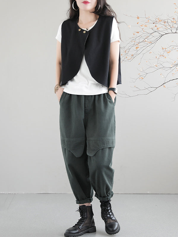 woloong Artistic Retro Loose Sleeveless Solid Color Round-Neck Vest Outerwear