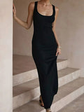 woloong Solid Color Sleeveless Skinny Round-Neck Maxi Dresses
