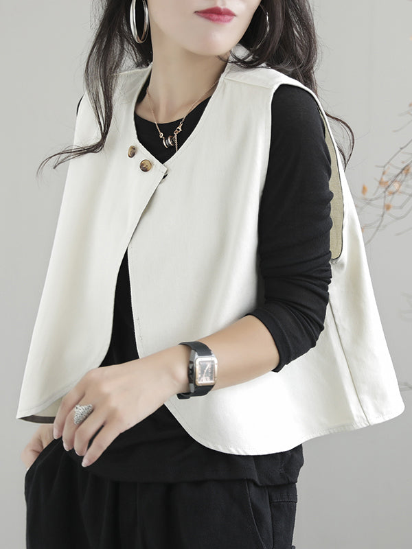 woloong Artistic Retro Loose Sleeveless Solid Color Round-Neck Vest Outerwear