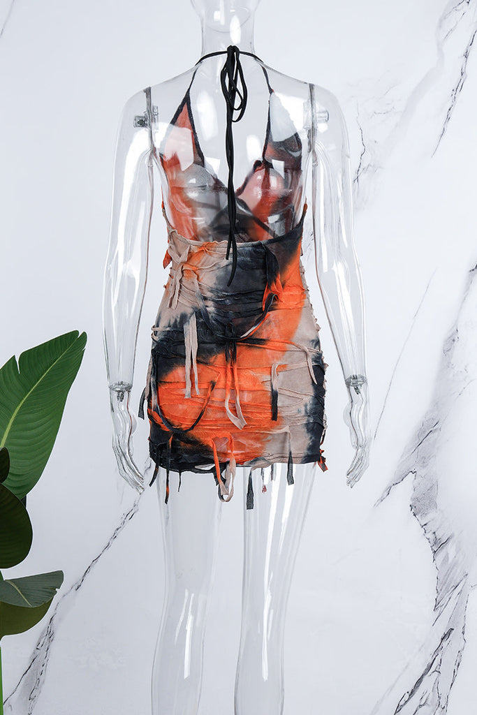 woloong - Apricot Sexy Print Bandage Tie-dye Backless Halter Sleeveless Dress Dresses