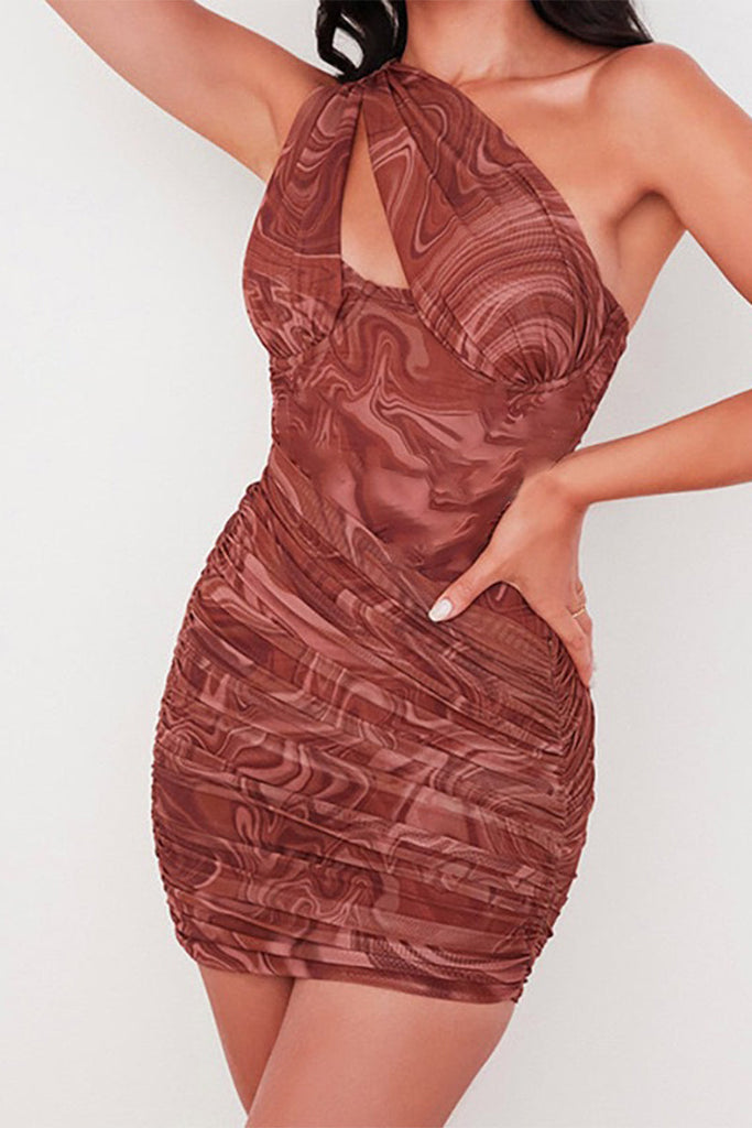 woloong - Red Sexy Print Hollowed Out Patchwork Backless Fold Oblique Collar One Step Skirt Dresses