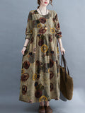 woloong Artistic Retro Loose Long Sleeves Printed Round-Neck Maxi Dresses