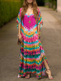 woloong Tie-dyed Split-side Short Sleeves Loose V-neck Maxi Dresses Beach Cover-Up