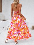 woloong Tied Split-Side Printed Pleated Elasticity Backless Sleeveless High Waisted Halter-Neck Maxi Dresses