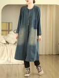 woloong Pockets Buttoned Loose Long Sleeves Round-Neck Outerwear Midi Dresses