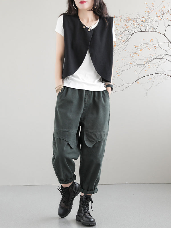 woloong Artistic Retro Loose Sleeveless Solid Color Round-Neck Vest Outerwear