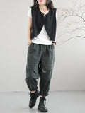 woloong Artistic Retro Loose Sleeveless Solid Color Round-Neck Vest Outerwear