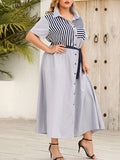 woloong Tied Waist Striped Split-Joint Buttoned Short Sleeves Plus Size Lapel Shirt Dress Maxi Dresses