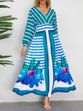 woloong Tied Striped Split-Joint Flower Print Elasticity Backless Loose Long Sleeves V-neck Maxi Dresses