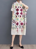 woloong Printed Buttoned Short Sleeves Loose Lapel Midi Dresses