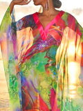 woloong Batwing Sleeves Loose Printed See-Through Split-Joint V-Neck Cover-Ups Maxi Dresses