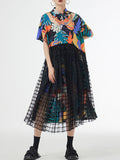 woloong Split-Joint Printed Mesh Hollow Buttoned Short Sleeves Loose Lapel Midi Dresses