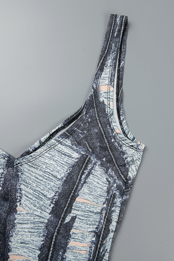 woloong - Grey Sexy Striped Ripped Patchwork Backless Spaghetti Strap One Step Skirt Dresses