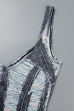 woloong - Grey Sexy Striped Ripped Patchwork Backless Spaghetti Strap One Step Skirt Dresses